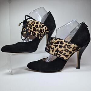 Isola Pumps Heels Shoes 10 Leopard Isabel Black Opals Suede Strings Stilleto
